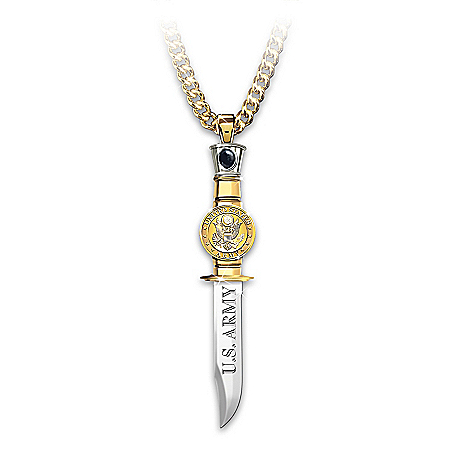 Men’s Army Pride Knife Pendant Necklace With Black Onyx Center Stone