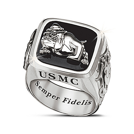 USMC Semper Fi Men’s Stainless Steel Ring With Black Onyx Center Stone
