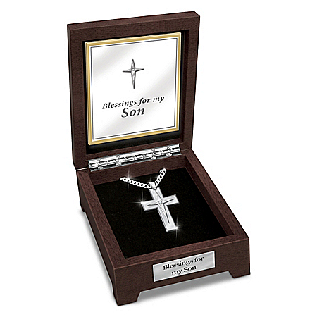 Religious Stainless Steel Cross Necklace for Son with White Sapphire & Valet Box