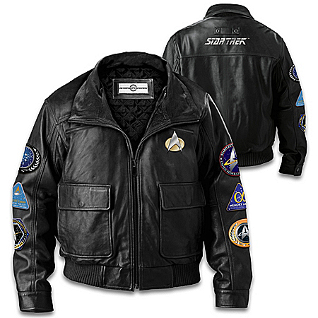 STAR TREK Men’s Black Leather Jacket With Themed Patches