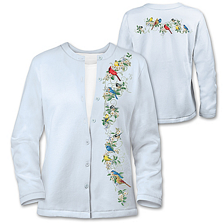 Nature’s Symphony Women’s Embroidered Cardigan With Songbird Design