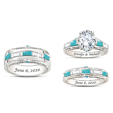 Sacred Promise Personalized Platinum Plated Wedding Ring Set Featuring Over 5 Carats Of Simulated Stones & 14 Genuine Turquoise