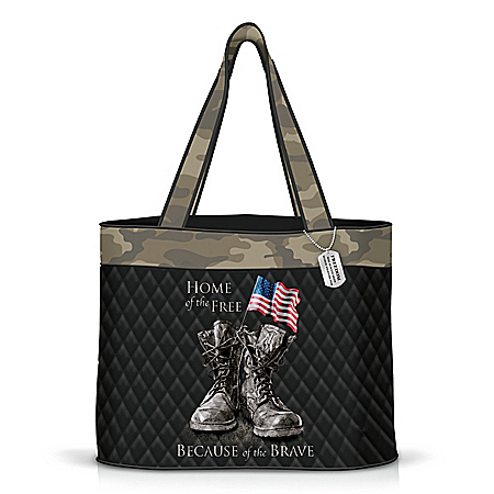 Because Of The Brave Quilted Tote Bag With Dog Tag Charm