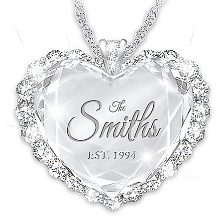 Established In Love Personalized Sterling-Silver Plated Pendant Necklace Featuring A Faceted Crystal Heart Adorned With Over 2 D