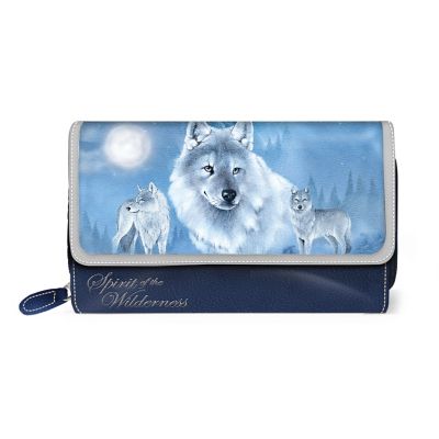 Buy Eddie LePage Spirit Of The Wilderness Women's Blue Tri-Fold Wallet With Wolf Sculpted Zipper Pull