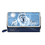 Buy Eddie LePage Spirit Of The Wilderness Women's Blue Tri-Fold Wallet With Wolf Sculpted Zipper Pull