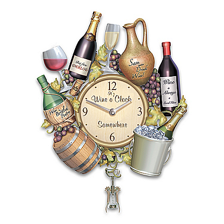 A Wine Lovers Sculptural Wall Clock With Corkscrew Pendulum