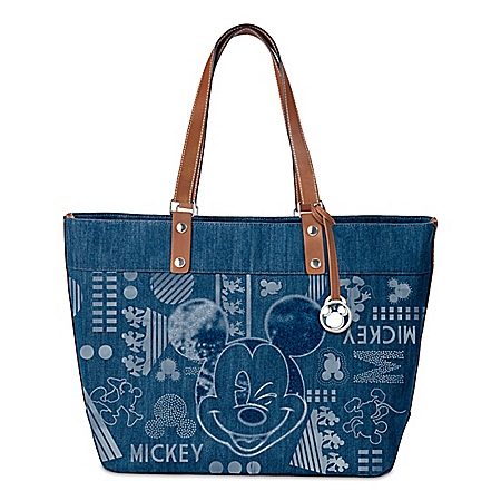 Disney Mickey Mouse Denim Tote Bag With Faux Leather Accents
