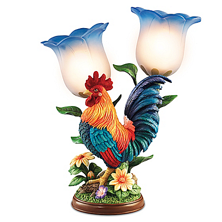 Morning Glory Hand-Painted Rooster Sculpture With Torchiere Table Lamp