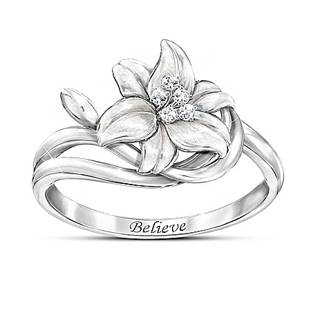 Miracle Lily Religious Ring With 5 Genuine White Diamonds