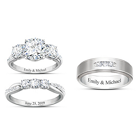 Infinite Love Personalized Sterling Silver Wedding Ring Set Featuring Simulated Diamonds & Platinum Plating – Personalized Jewel