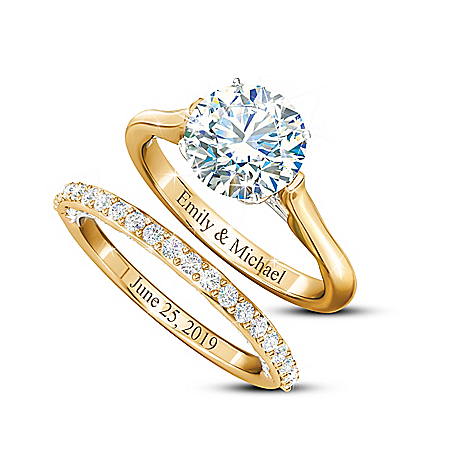 Firelight Romance 18K Gold-Plated Bridal Ring Set With Over 4 Carats Of Simulated Diamonds And Each Ring Can Be Personalized Wit