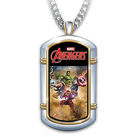 MARVEL Hero Grandson Personalized Stainless Steel Dog Tag Necklace: Officially Licensed Artwork, Ion-Plated 24K-Gold Accents – P