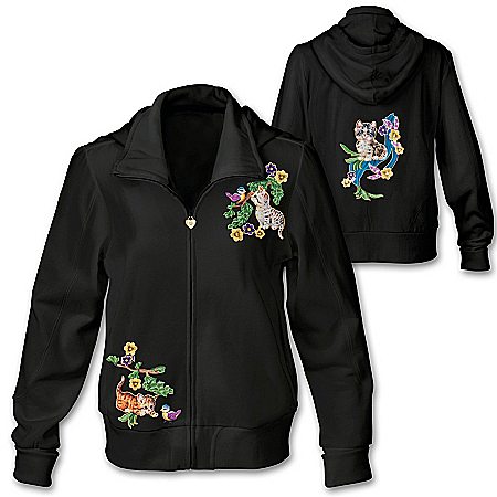 Cotton Blend Women’s Hoodie With Cat Artwork And Rhinestones