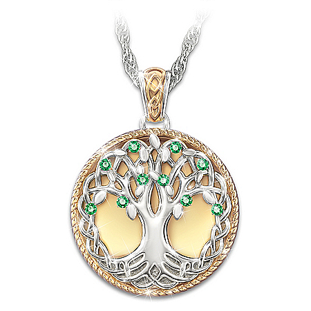 Celtic Tree Of Life Simulated Emerald Pendant Necklace