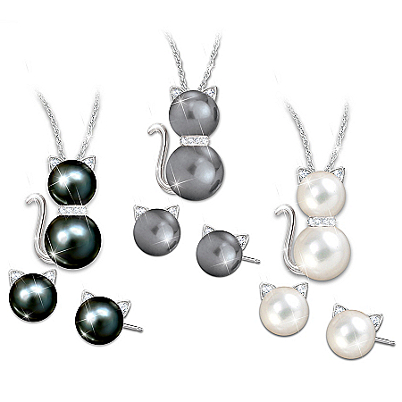 Cat Cultured Pearl Necklace And Earrings: Choose Your Color