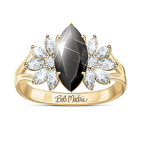 Bob Mackie 1K Gold Ring With Black Spinel And White Topaz