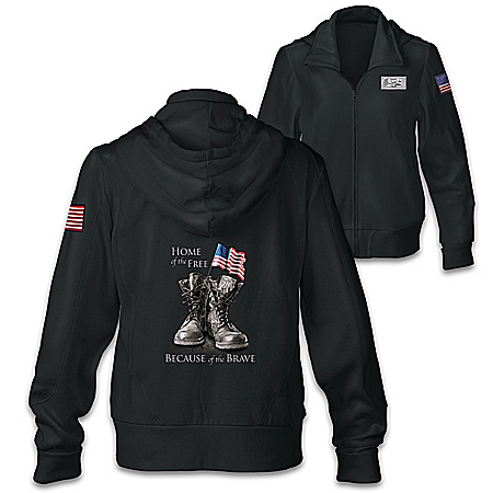 Because Of The Brave Patriotic Embroidered Women’s Front-Zip Hoodie