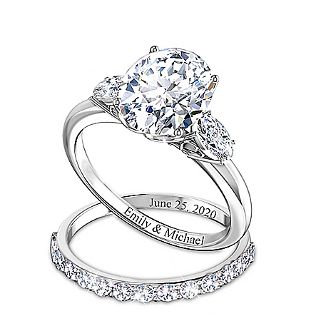 Brilliance Of Our Love Personalized Sterling Silver Bridal Ring Set Featuring Over 5 Carats Of Simulated Diamonds & Heart-Shaped