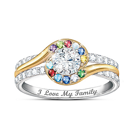 Real Love Of Family Women’s Personalized Birthstone Ring Featuring A White Topaz Center Stone With 18K Gold-Plated Accents – Per