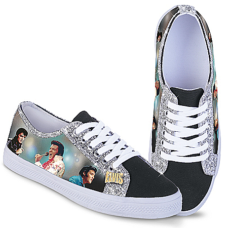Elvis Women’s Canvas Sneakers With Elvis Imagery And Glitter