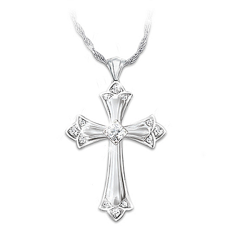 Cross Pendant Necklace With Genuine Diamonds And White Topaz