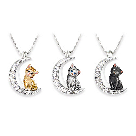 Cat And Crystal Moon Pendant Necklace: Choose Your Cat