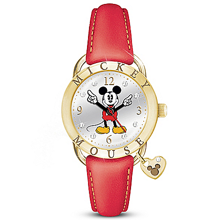 Mickey Mouse Watch With Leather Strap And Crystal Accents