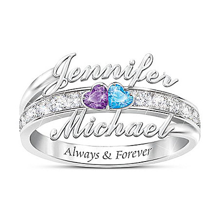 Forever Us Women’s Personalized Sterling Silver Ring Featuring 2 Heart-Shaped Crystal Birthstones & A Band Adorned With A Pave O