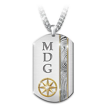 Son, Forge Your Own Path Damascus Steel Dog Tag Pendant Necklace With 24K Gold Ion-Plated Accents Personalized With Your Son’s I