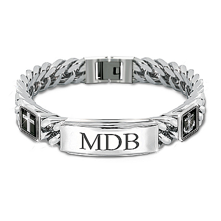 Proud To Call You My Son Stainless Steel Bracelet With Black Enamel Accents Adorned With Inspirational Symbols And Personalized