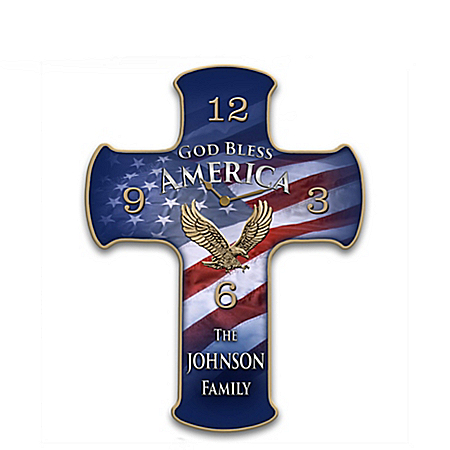 God Bless America Personalized Wooden Cross Wall Clock