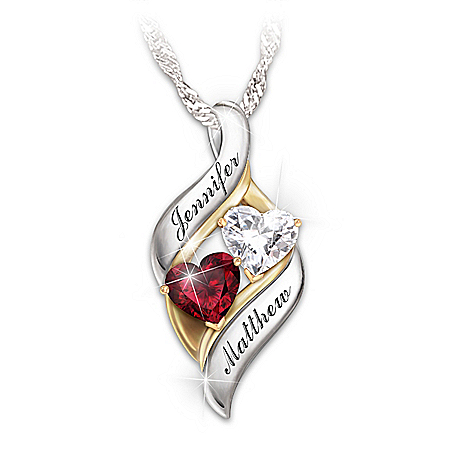 Loving Embrace Women’s Personalized Sterling Silver Pendant Necklace Featuring 2 Heart-Shaped Crystals & Adorned With 24K Gold-P