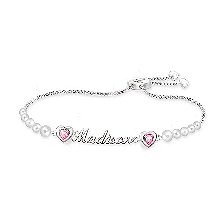 My Treasured Granddaughter Personalized Sterling Silver-Plated Bolo-Style Crystal Birthstone Bracelet Adorned With 10 Cultured F