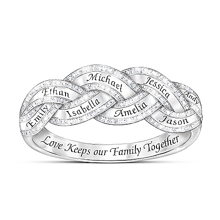 My Precious Family Platinum Plated Ring Featuring A Braided Band Design Trimmed Along The Edges With 50 Diamonds And Personalize