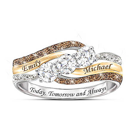 Today And Always Personalized 1K And 10K Gold Rings With 3 White Topaz Center Stones And Intertwined Bands Adorned With 24 Mocha