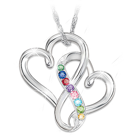A Mother’s Love Pendant Necklace With 2 Sculpted Hearts Intertwined To Create An Infinity Symbol And Personalized With Up To 8 C