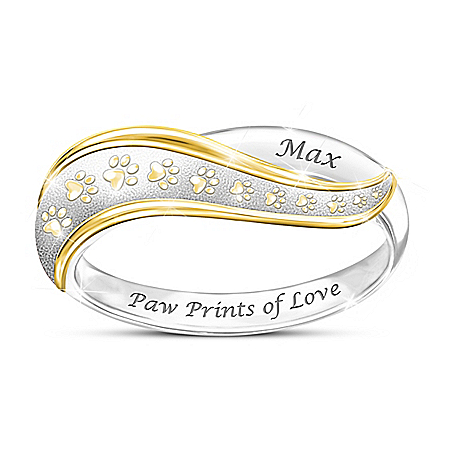 Paw Prints Of Love Sterling Silver Ring With 18K Gold-Plated Accents Featuring A Wave Design With Paw Prints And Personalized Wi
