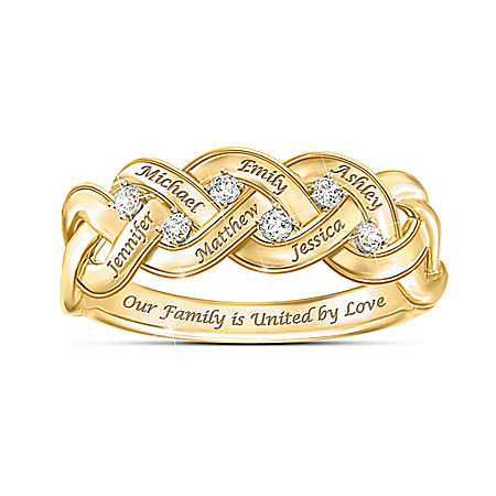Strength Of Family Women’s Personalized Sterling Silver Ring Lavishly Plated In 18K Gold Featuring A Woven Style Design & Adorne