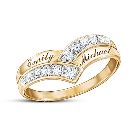 Love Endures Women’s Romantic 18K Gold-Plated Chevron-Shaped Ring Adorned With A Dozen Diamonds In A Pave Setting And Personaliz