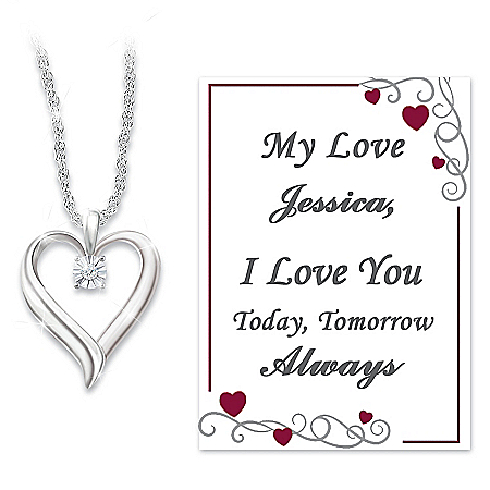 Gift From The Heart Women’s Sterling Silver Heart-Shaped Pendant Necklace Adorned With A Diamond And Comes With Personalized Poe