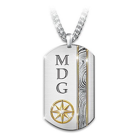 Forge Your Own Path Damascus Steel Dog Tag Pendant Necklace With 24K Gold Ion-Plated Accents Personalized With Your Grandson’s I