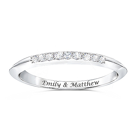 True Love Women’s Personalized Romantic Platinum Plated Wedding Ring Adorned With A Sparkling Ribbon Of Genuine Moissanite Gemst