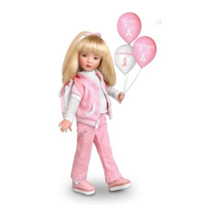Breast cancer affects loved ones everywhere everyday. Now you can help bring hope for a cure with this first-ever ball-jointed vinyl collectible doll in support of breast cancer research. Designed by award-winning Master doll artist Dianna Effner, a portion of the proceeds from your purchase of the Walk for the Cause doll will be donated to help fight breast cancer. Exclusively from The Ashton-Drake Galleries, this breast cancer awareness support doll features rotating joints, so she can be easily posed in fun positions. She can even stand on her own feet! Her darling backpack and jacket include embroidered pink ribbons, while her pink jeans showcase sparkling "crystal" accents. Plus, she holds three balloons with inspiring messages of Hope, Strength, and Courage. High demand is expected so don't wait to join her for a good cause. Order now!