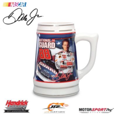 He's given you plenty to cheer about on the track. Now a Dale Earnhardt Jr. ceramic stein lets you take the celebration to another level. Be "On Guard" with a first-ever Dale Jr. collectible profiling his awesome No. 88 National Guard/Amp Energy Chevrolet Impala SS, and raise a drink to all his future racing successes.Available only from Motorsport Editions, this sharp NASCAR&reg; memorabilia is crafted of glazed ceramic and emblazoned with bold portraits of racing's five-time Most Popular Driver, dramatic views of the Dale Earnhardt Jr. 88, and official logos and graphics. Plus, Dale Jr.'s replica signature and gleaming platinum accents make this a NASCAR fan gift worth cheering for. Strong demand is expected for this unique Dale Jr. collectible, so don't miss out. Order now!