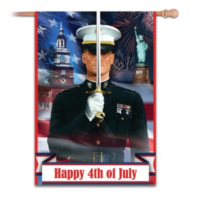 Celebrate Independence Day and show your patriotism with this Marine Corps outdoor flag, exclusively from The Hamilton Collection. This stunning, full-color flag showcases a marine in full dress uniform standing stall with a sword in hand. Old Glory proudly waves in the background as the Statute of Liberty is surrounded by fireworks. Plus, a banner across the bottom reads, "Happy 4th of July."This Semper Fidelis flag is an honoring statement of your patriotism during the 4th of July. You'll appreciate the quality construction of durable, waterproof polyester. Plus, this outdoor flag is machine washable and fade resistant for years of enjoyment. High demand is expected. Order now!