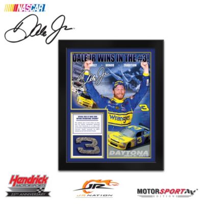 On July 2, 2010, Dale Jr.'s Wrangler #3 car, honoring his dad's induction into the NASCAR Hall of Fame&reg;, carried the popular driver over the finish line to win the Subway Jalapeno 250 at Daytona International Speedway&reg;. Now you can take home a piece of that momentous day with this limited-edition collectible Dale Jr. picture, available ONLY from Motorsport Editions. This dramatic framed collector print captures all the glory of Dale's unforgettable victory, and even includes an actual piece of NASCAR&reg; race-used asphalt, taken from DAYTONA during its historic repaving, and precision cut by skilled artisans into the #3.Officially licensed by NASCAR and JR Motorsports, this spectacular Dale Jr. Wrangler memorabilia is one that every fan will want in their collection. It boasts a photo of Dale Jr. reveling in his win, along with more exciting scenes from this spectacular victory, and it is professionally framed under glass and double matted with top-quality, acid-free matting in the colors of Dale Jr.'s Wrangler ride. But DON'T WAIT to secure your own collectible Dale Jr. picture - this edition is limited to only 3,333 worldwide and demand is sure to be high. Ready to salute the family, honor and tradition of the Earnhardt name? Order now!