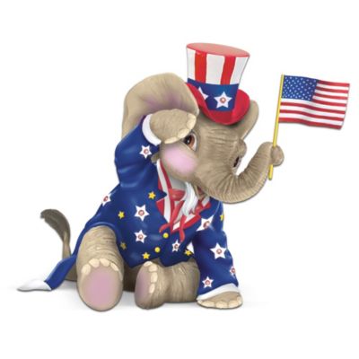 This adorable patriotic elephant figurine is unmistakably all-American from head to toe! He sits - his arm raised in a salute - charmingly dressed like his Uncle Sam, in a stars and stripes-themed suit, complete with a top hat! This Peanut Pals figurine has a patriotic personality that shines through in the sparkling simulated jewels that embellish his suit and hat. He proudly waves a real fabric flag in his trunk.This playful pachyderm is a Hamilton Collection exclusive, and handcrafted in artist's resin, then hand-painted in patriotic colors of red, white and blue. You'll be proud to display him as a reminder of your own American spirit. Edition is limited and strong demand is expected, so order now!