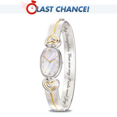 Nothing else in life can take the place of your daughter. Your bond is so special, so strong and your love is forever. Now, you can celebrate that joyous relationship with a ladies diamond watch, handcrafted and plated in sterling silver and featuring two graceful heart within heart motifs accented with 24K-gold plating.Express your love in a timely way with the beauty of this precision quartz movement ladies diamond watch, a fine jewelry exclusive from The Bradford Exchange. This bracelet watch sparkles with a brilliant-cut diamond at the center of each heart and features an elegant mother-of-pearl dial. This unique daughter gift idea is inscribed inside with the touching sentiment, "My Daughter, You are my Pride and Joy." Makes a great graduation gift or birthday gift. Don't let time get away from you. Order now!