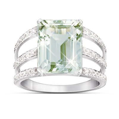 Triple Band Sheer Radiance Green Amethyst & Diamond Ring With Pave Setting